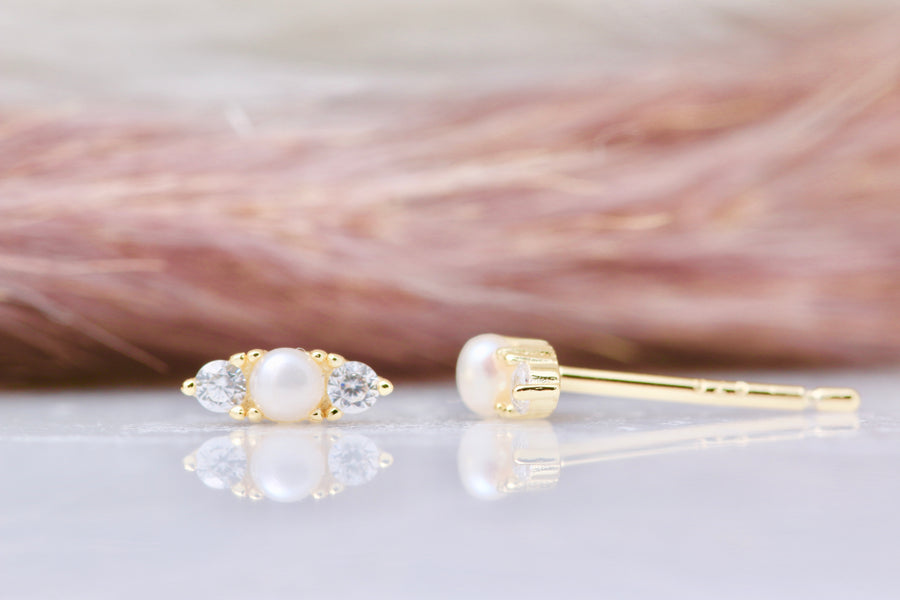 Teenie Triple CZ Pearl Studs